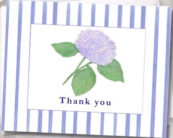 Watercolor Hydrangea Thank You Cards, Blue Stripe Stationery Set, Floral Notecards, Preppy Style