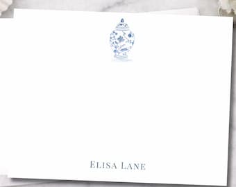 Personalized Chinoiserie Notecards, Blue & White Ginger Jar Stationery, set of 10