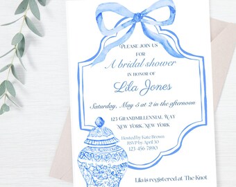 Blue Ginger Jar Bridal Shower Invitation, Watercolor Chinoiserie, Something Blue (5x7 PDF)