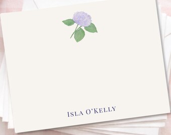 Personalized Hydrangea Stationery, Watercolor Floral Flat Cards, Custom Name Notecards, Gift for Her