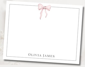 Personalized Pink Bow Note Cards,  Grandmillennial Stationery, Classic Preppy Thank You Cards