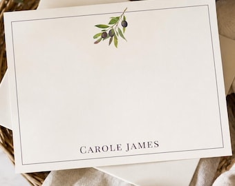 Personalized Olive Branch Stationery Set: Mediterranean Flat Notecards with Envelopes