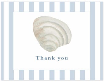 Pawleys Island Watercolor Shell Thank You Cards, Coastal Blue Stripe Stationery Set