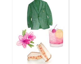 Watercolor Golf Art Print, Southern Spring Decor, Green Jacket, Azalea, Cocktail, Pimento Sandwich
