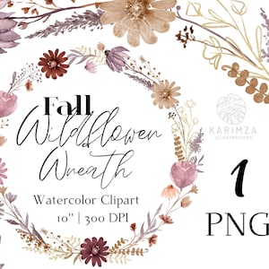 Couronne de fleurs automne aquarelle Png pour une utilisation commerciale, automne Couronne de fleurs sèches téléchargement immédiat, clipart Couronne de fleurs sauvages sèches
