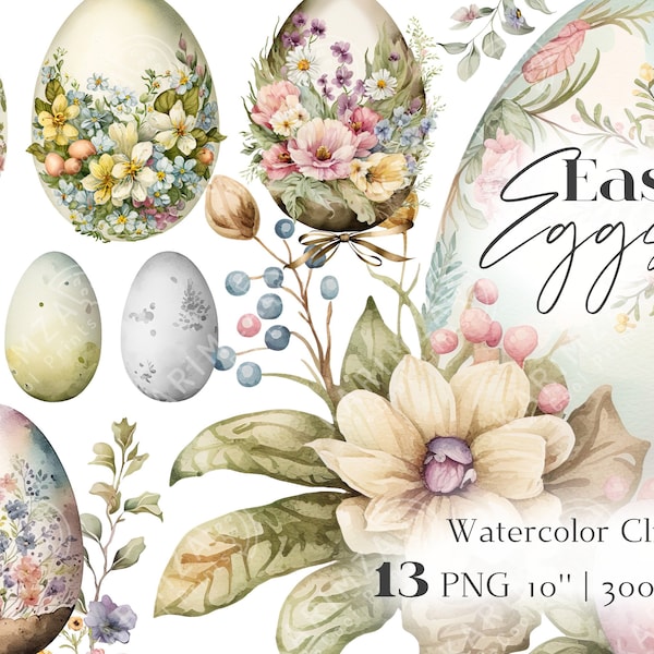 Watercolor Easter Eggs Clipart, Easter Egg PNG, Eggs with Flowers, Instant Download for Commercial Use