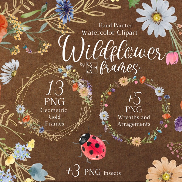 Watercolor Wildflower Wreaths Clipart, Gold Geometric Bright Floral Frames PNG for COMMERCIAL USE, Heart frame, Polygonal Frame, Meadow Core