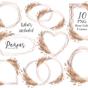 Clipart di erba della pampa, Clip art di cornice poligonale in oro rosa, Ghirlande di acquerelli Boho Boho PNG