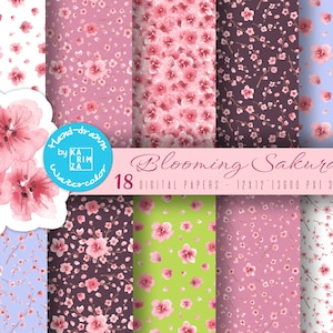 Watercolor Cherry Blossom Floral Digital Papers, Sakura Flowers Seamless Patterns For Fabric
