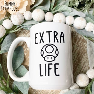 Ceramic Coffee Mug, Extra Life Mug, 15 oz, White, Super Mario Mug