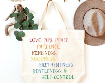 Fruit of the Spirit Tote Bag, Love Joy Peace Patience Kindness Goodness Faithfulness Gentleness Self-Control, Galatians 5:22-23, Large Tote