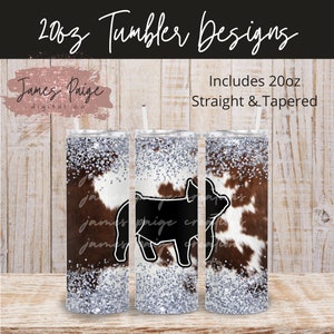 May include: Three 20oz stainless steel tumblers with a cowhide print and silver glitter. The tumblers feature a black silhouette of a pig.