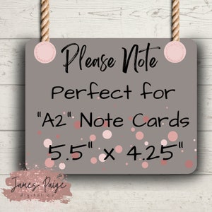 Op de afbeelding: Een grijs bord met roze stippen en de tekst "Please Note Perfect for "A2" Note Cards 5.5" x 4.25"  James Paige digital co"