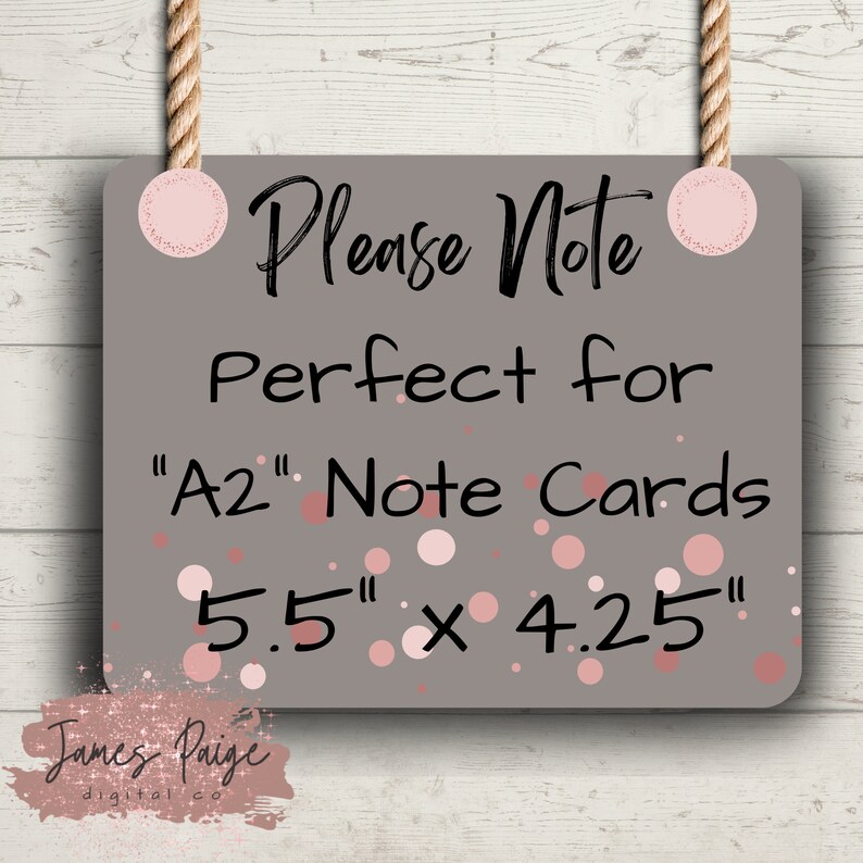 Op de afbeelding: Een grijs bord met roze stippen en de tekst "Please Note Perfect for "A2" Note Cards 5.5" x 4.25"  James Paige digital co"