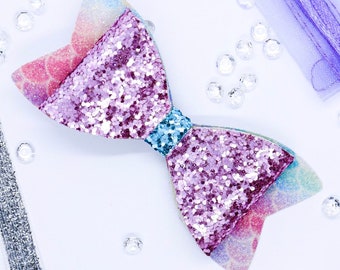 Pink Pastel Mermaid Glitter Bow Hair Clip / Nylon Headband