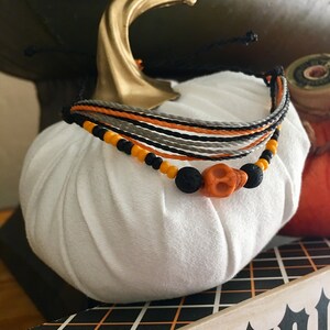 Orange Magnesite Skull and Lava Stone Bracelet, Adjustable Bracelet, Wax String Bracelet, Halloween Bracelet, Friendship Bracelet