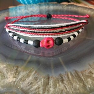 Pink Magnesite Skull and Lava Stone Beaded Bracelet, Halloween Bracelet, Adjustable Bracelet, Wax String Bracelet, Friendship Bracelet
