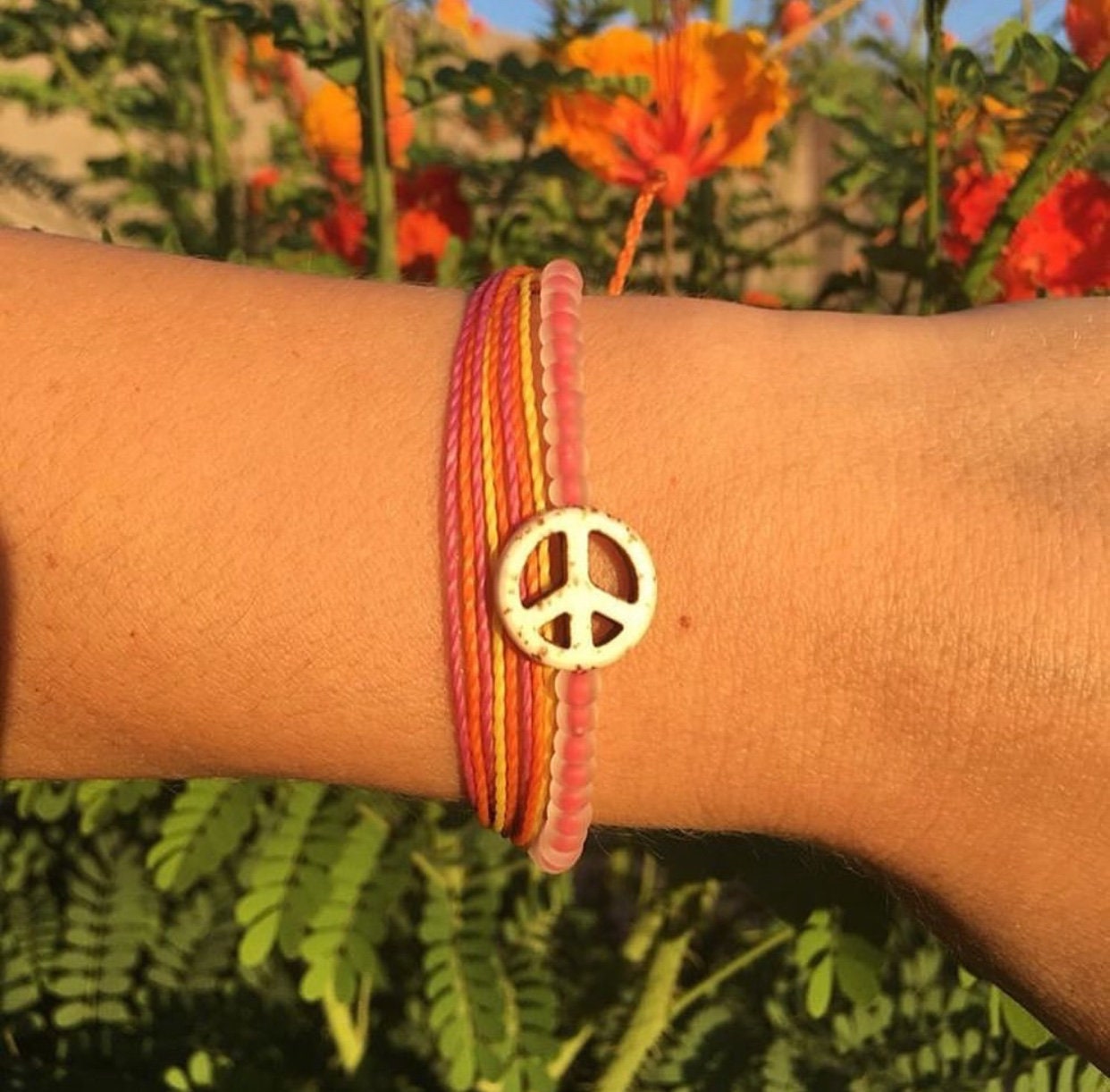 Pink Sunset Peace Bracelet, Magnesite Peace Sign Bracelet