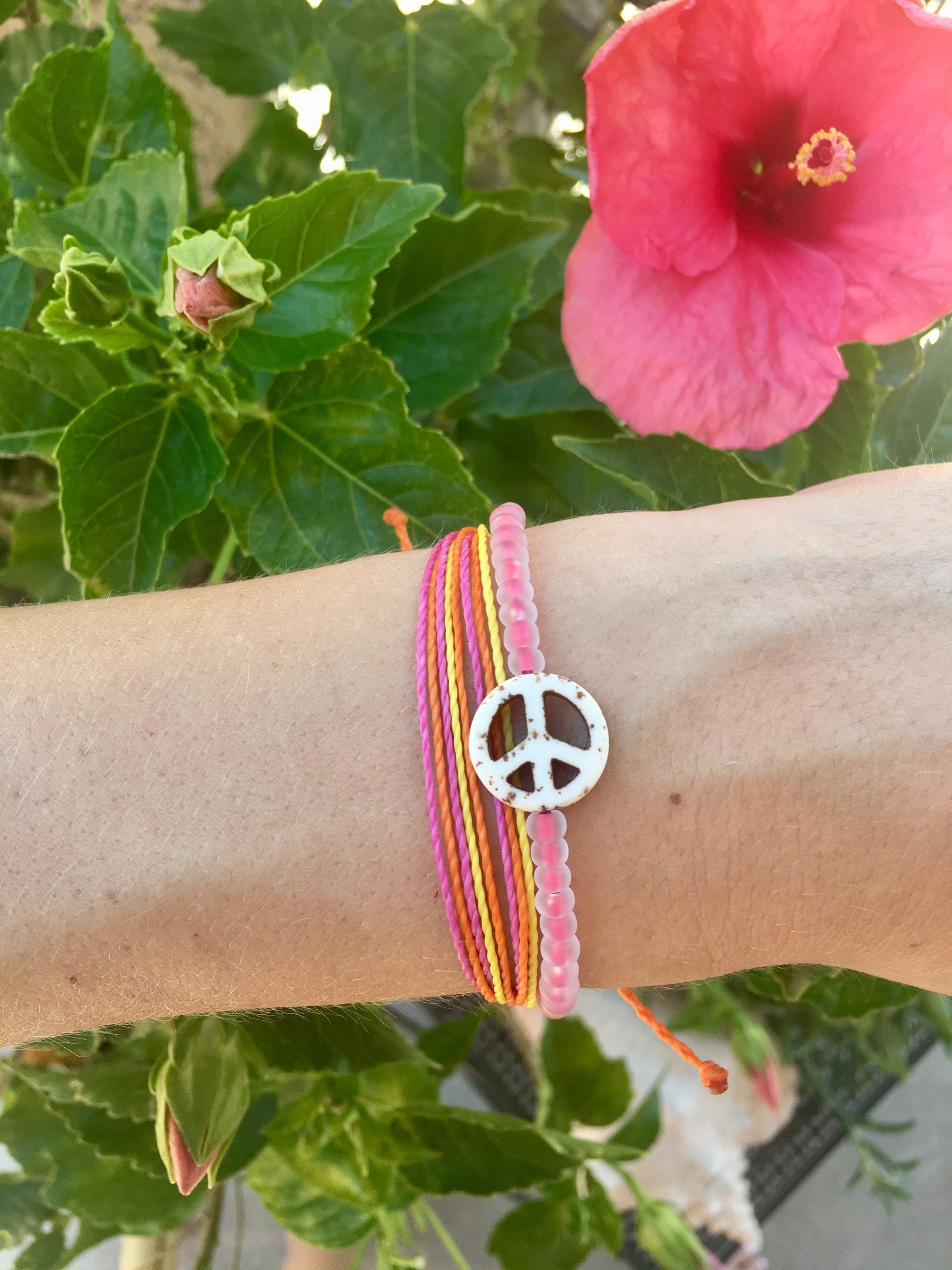 Pink Sunset Peace Bracelet, Magnesite Peace Sign Bracelet