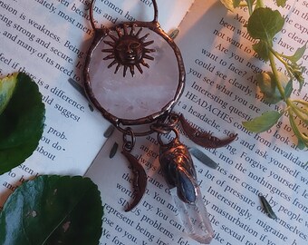 Hand made electroformed rose quartz sun moon stars pendant with clear quartz point & kyanite