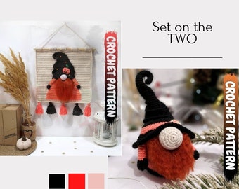 Op de afbeelding: Set van twee haakpatronen voor gnomen. Het eerste patroon is voor een wandhangende gnome met een pompoenhoed en het tweede patroon is voor een staande gnome met een zwarte hoed. Beide gnomes hebben oranje baarden en roze accenten.