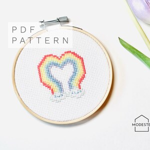 Cute Cross Stitch Pattern with video instructions| Rainbow Heart cross stitch | PDF download