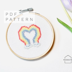 Cross Stitch Pattern with video instructions| Rainbow Heart cross stitch | PDF download