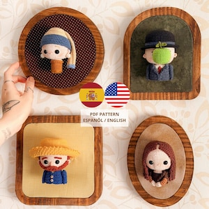 May include: Four framed crochet figures representing famous portraits: a person with a blue headscarf and pearl earring, a person in a bowler hat with a green apple, a person with a yellow hat and red beard, and a person with long brown hair.