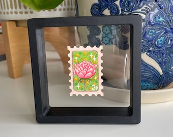 Floral Print Stamp Style Art Original in Floating Frame