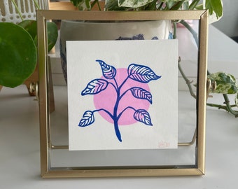 Original Floral Outline Painting with Pink Accents in a Gold Floating Frame 6x6