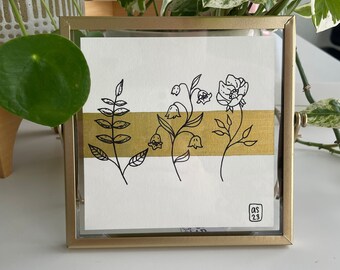 Original Floral Outline Painting with Metallic Gold Accents in a Gold Floating Frame 6x6