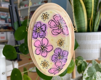 Pink and Purple Floral Original Art 3x5 Acrylic on Oval Wood Panel