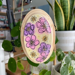 Pink and Purple Floral Original Art 3x5 Acrylic on Oval Wood Panel image 1
