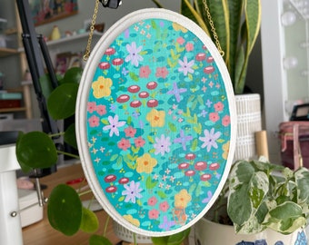 Floral Meadow Original Art 5x7 Acrylic on Oval Wood Panel