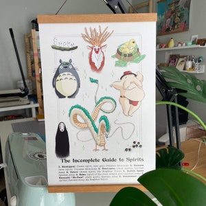 May include: A colorful illustrated poster with the title "The Incomplete Guide to Spirits" and features various characters from Studio Ghibli films, including Totoro, No-Face, and the forest spirit from Princess Mononoke.