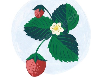 Strawberries Art Print - Botanical Art Print - Plant Lovers Art - Plant Parenthood - Gouache Paint