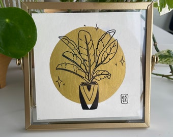 Original Bird of Paradise Silhouette Painting with Metallic Gold Accents in a Gold Floating Frame 6x6