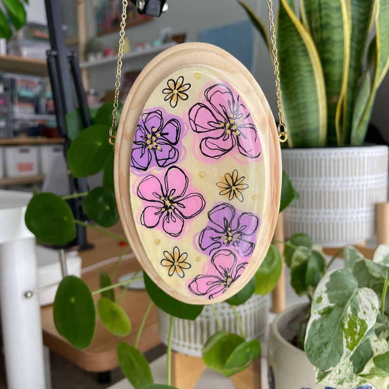 Pink and Purple Floral Original Art 3x5 Acrylic on Oval Wood Panel image 1