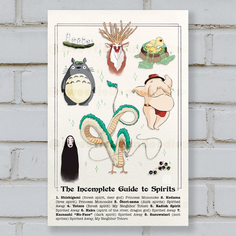 May include: A colorful illustration of characters from Studio Ghibli films. The illustration includes Totoro, No-Face, the forest spirit from Princess Mononoke, and other characters. The text at the bottom reads "The Incomplete Guide to Spirits".