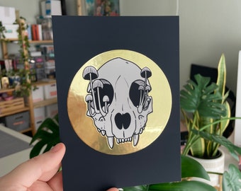 Gold Foiled Cat Skull Mushroom Art Print 5x7