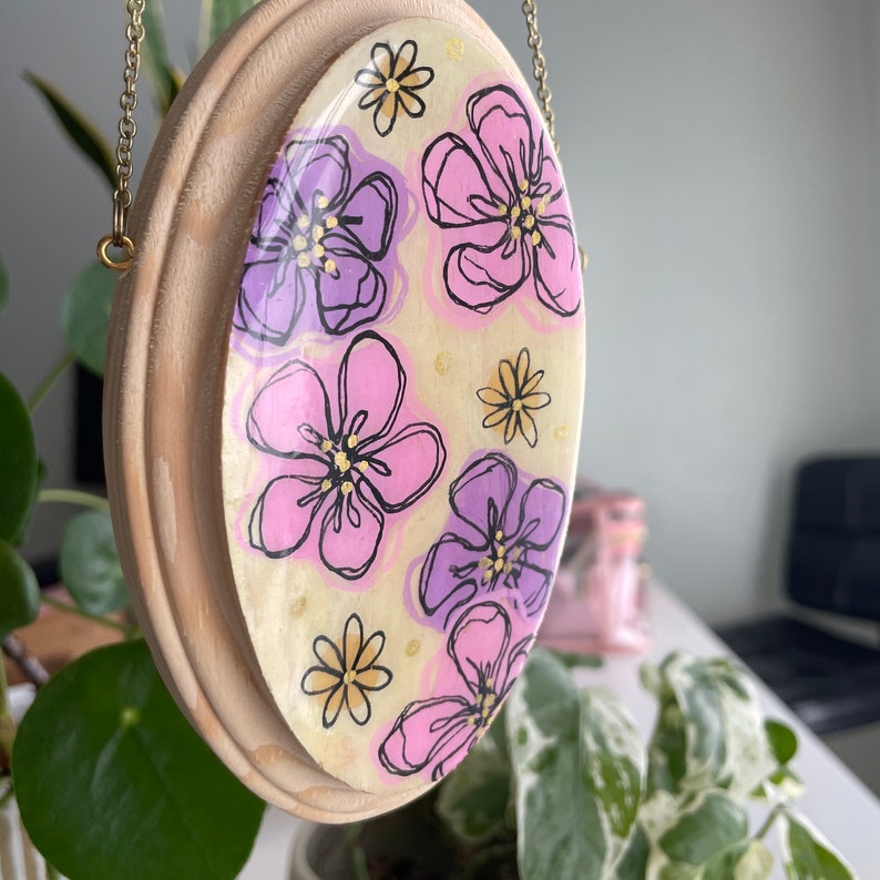 Pink and Purple Floral Original Art 3x5 Acrylic on Oval Wood Panel image 2