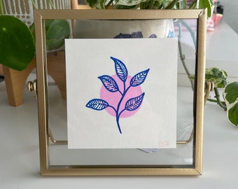 Original Floral Outline Painting with Pink Accents in a Gold Floating Frame 6x6