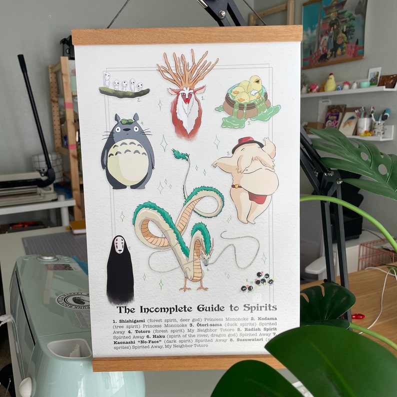 May include: A colorful illustrated poster with the title "The Incomplete Guide to Spirits" and features various characters from Studio Ghibli films, including Totoro, No-Face, and the forest spirit from Princess Mononoke.