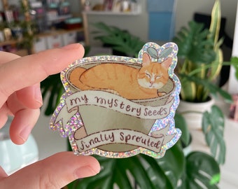 My Mystery Seeds Finally Sprouted Glitter Cat Plant Sticker