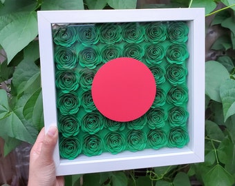 Personalized Paper Flower Shadow Box for Wall Decoration, 9x9 Framed Patriotic Decor, Customized Country Flags, Bangladesh Shadow Frame