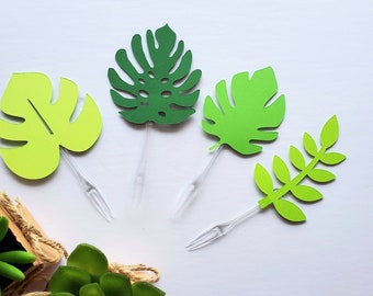 Green Tropical Leaf Cupcake Toppers for a Safari Themed Baby Shower, Its A Boy or Girl Jungle Theme Party, Wild One Decorations, Leaves