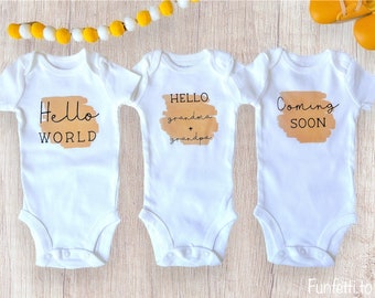 Hello Grandma and Grandpa Pregnancy Announcement Onesie, Birth Reveal Baby Coming Soon Onesie, Parents Get Promoted To Grandparents