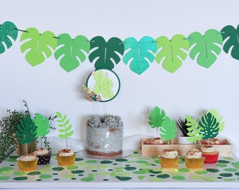 Safari Nursery Decor Leaves Banner For Jungle Party, Green Leaf Vines, Monstera Leaves Garland, Plant Theme Decoration Green Ombre