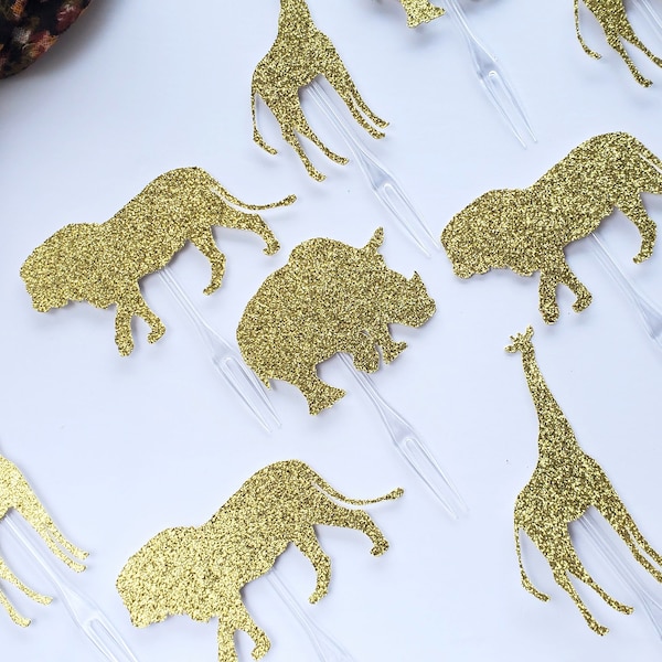 Gold Glitter Animal Cupcake Toppers for a Safari Themed Party, Jungle Baby Shower Decorations, Wild One, Lion Giraffe Rhinoceros