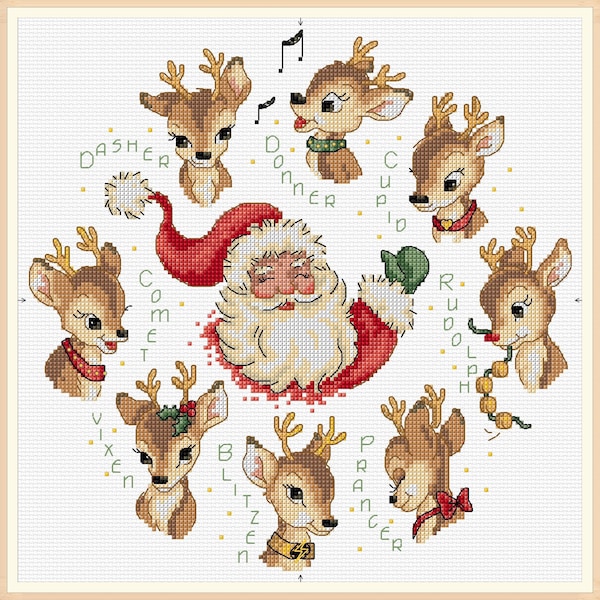 Ming K50001 MD Christmas Santa's Reindeer Designed by Maria Diaz 14 Counted Fabric Cross Stitch kit 35CM X 35CM